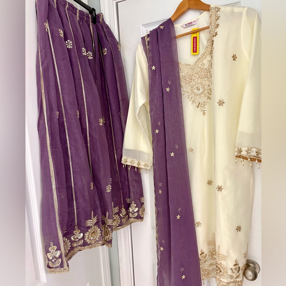 Ivory & Plum Embroidered Salwar Kameez Set